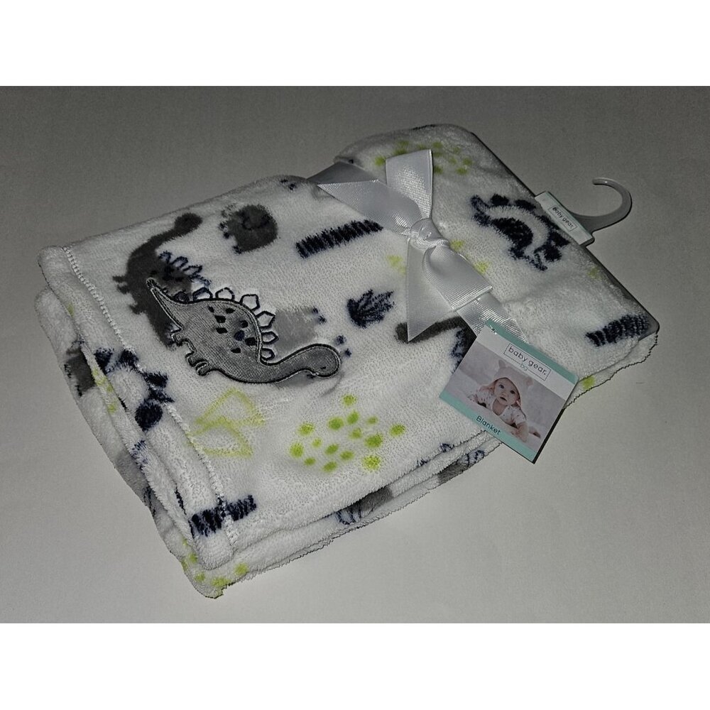 NEW Baby Gear Dinosaur Elephant Fleece Baby Blanket Lovey Gray Blue White 30x40 - Picture 5 of 6